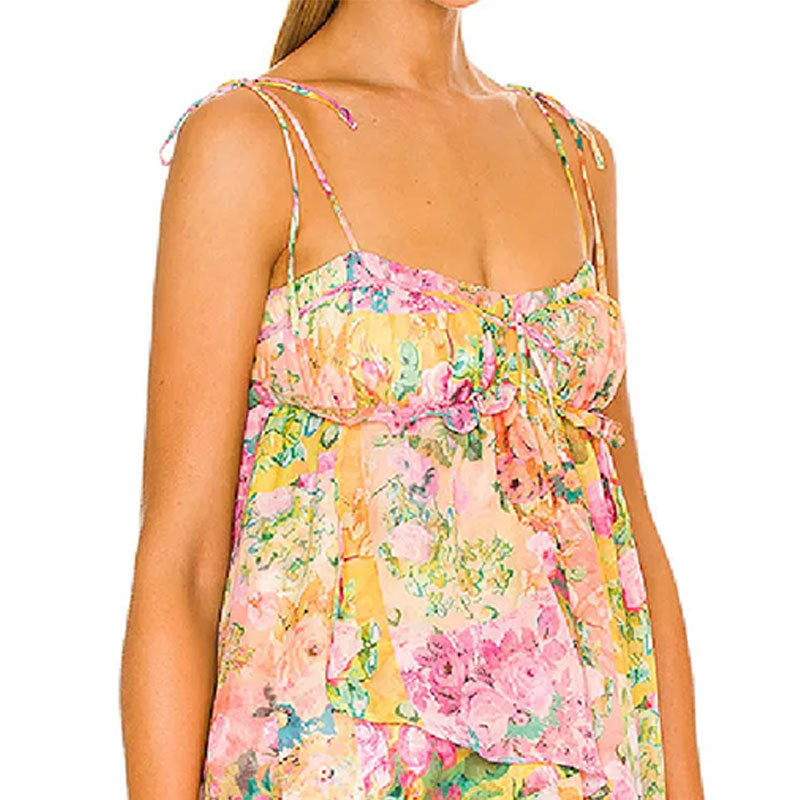 Floral Print Tie Strap Ruffle Trim Tiered Babydoll Mini Dress 4