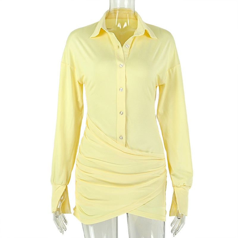 Plunging Collared Long Sleeve Ruched Wrap Hem Shirt Mini Dress 2