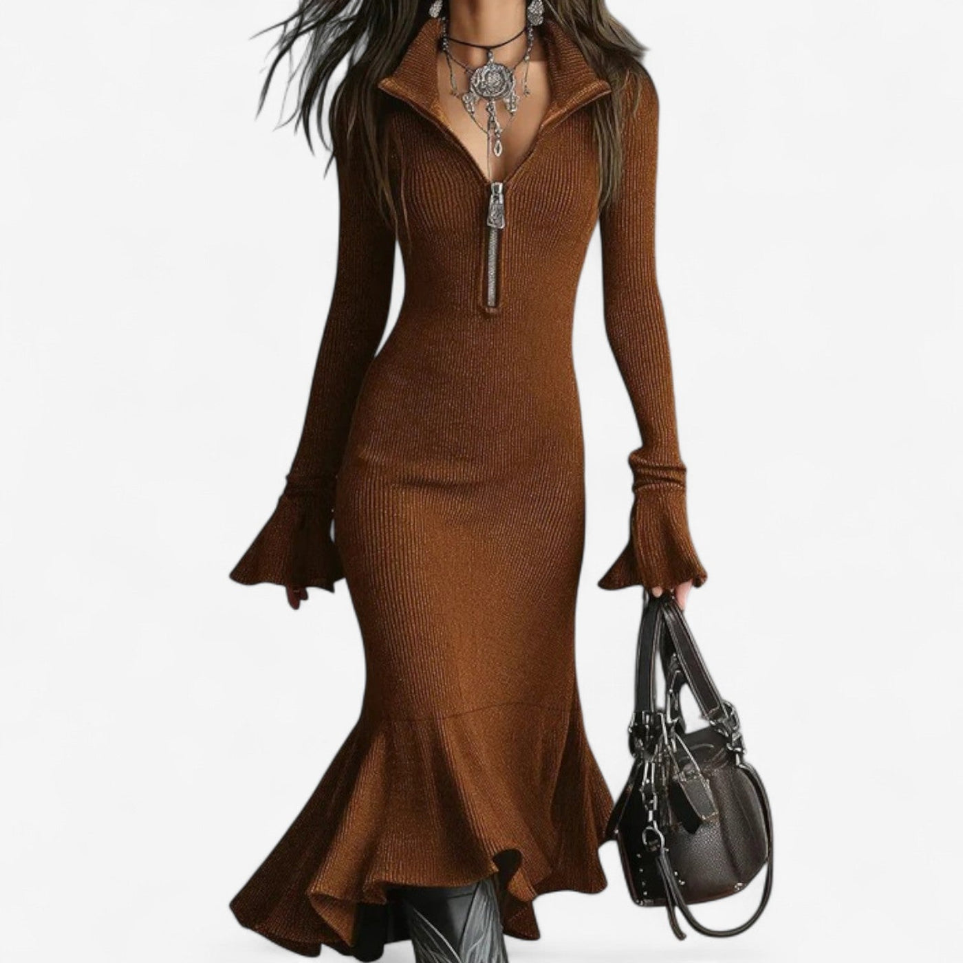 High Neck Zip Ribbed Knit Long Sleeve Mermaid Dress 6