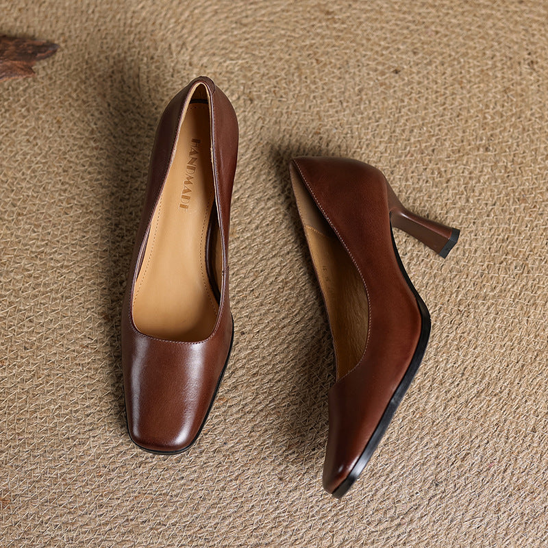 Square Toe Slip On Kitten Heel Leather Pumps