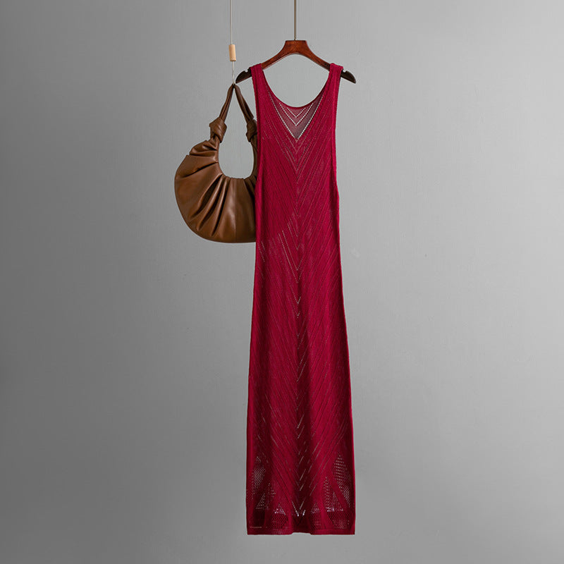 Pointelle Knit V-Neck Sleeveless Chevron Midi Tank Dress 5