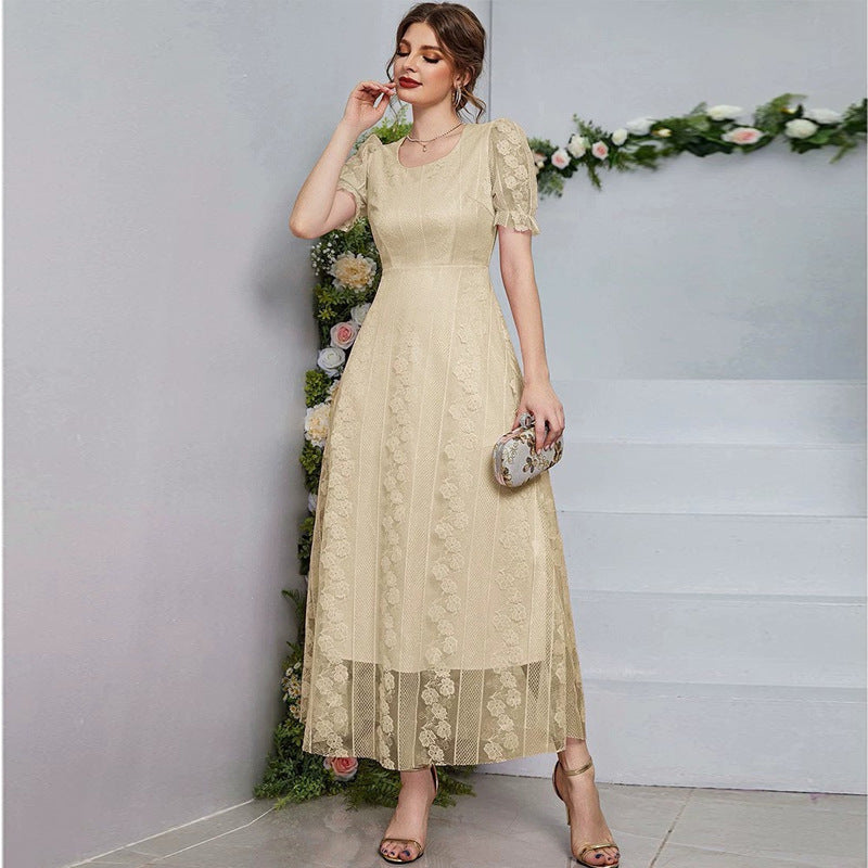 French Minority Spring Summer Slimming Mesh Stitching U Collar Solid Color Dress Maxi Dress Women Clothing