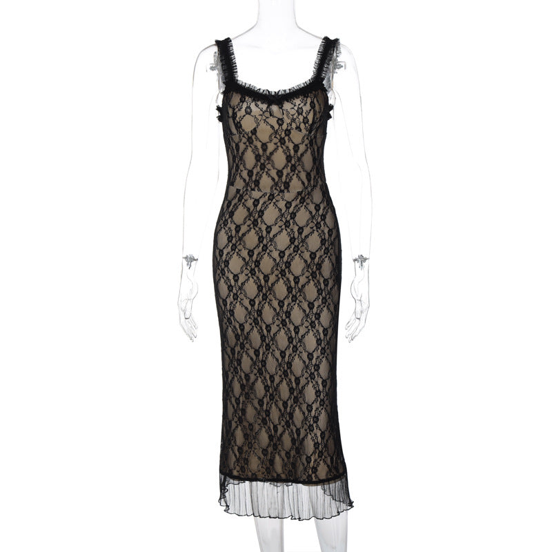 Lace Spaghetti Strap Ruffle Trim Bodycon Midi Dress 6