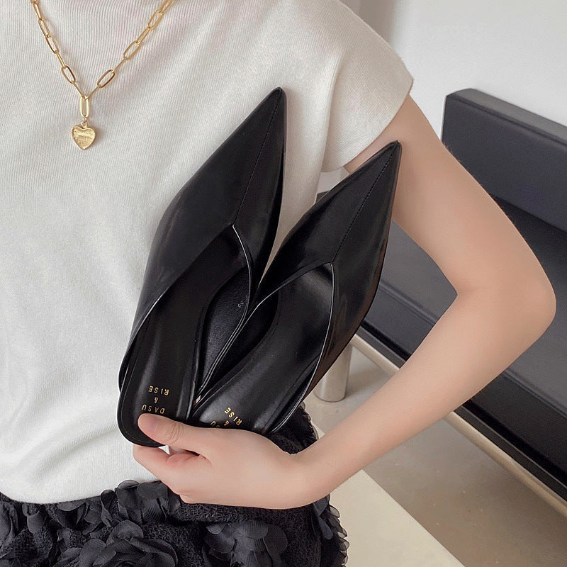 Pointed Toe V Cut Low Heel Mules