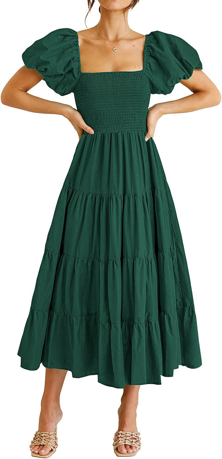 Square Neck Puff Sleeve Smocked Bodice Tiered Midi Dress 4