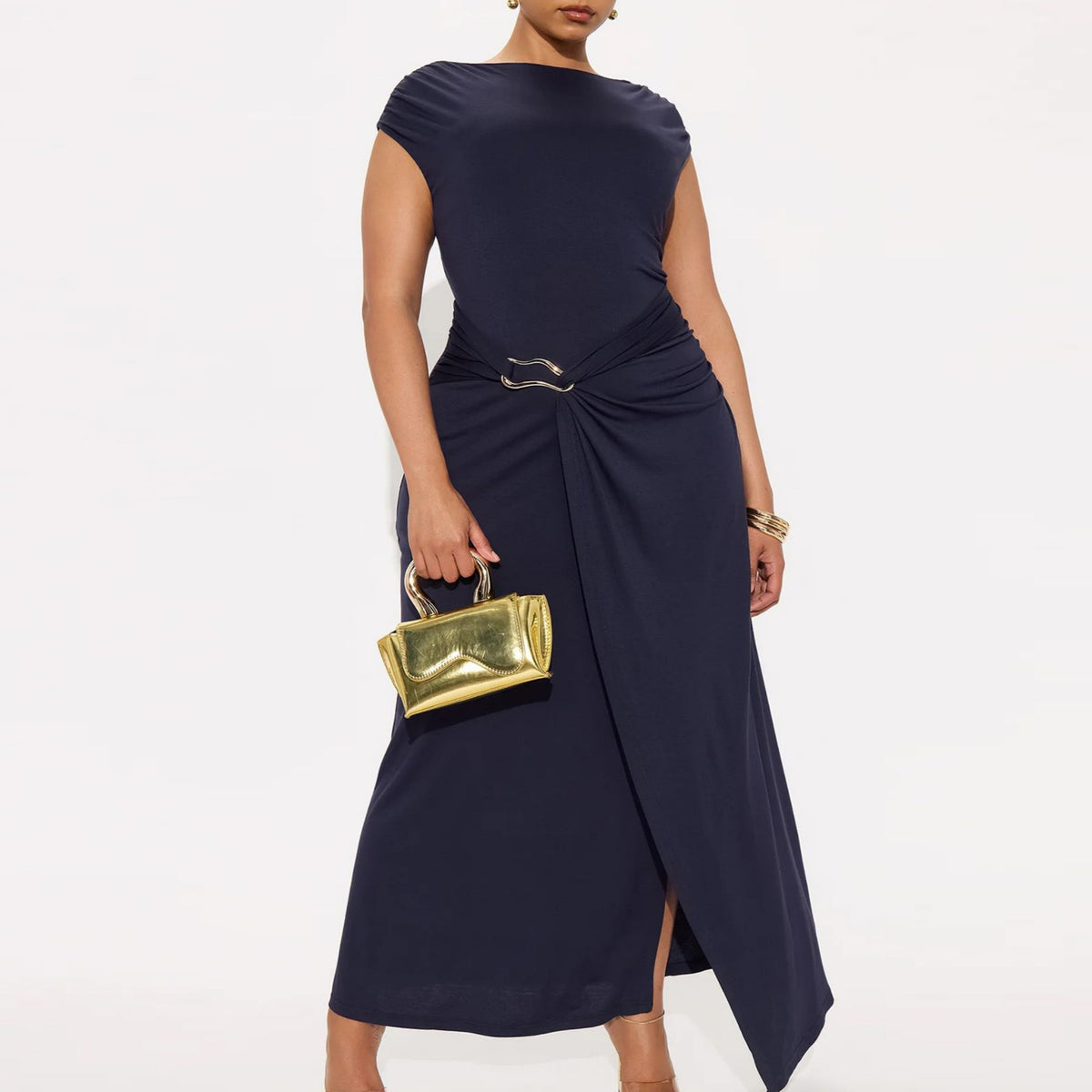 Boat Neck Cap Sleeve Buckle Twist Wrap Asymmetric Midi Dress