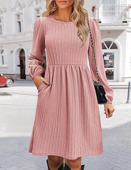 Cable Knit Crew Neck Long Sleeve Pocket A-Line Mini Dress 5