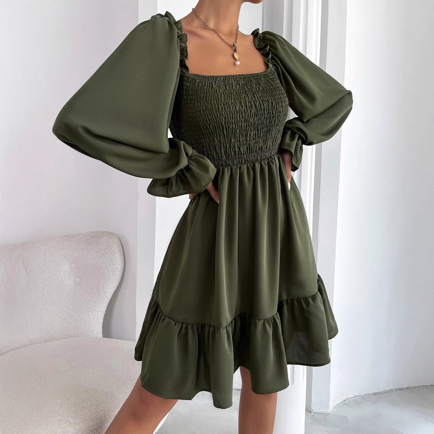 Square Neck Long Sleeve Smocked Tiered Mini Dress 3