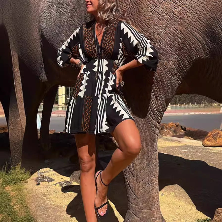 Geometric Print V-Neck Balloon Sleeve Tiered Mini Dress 2