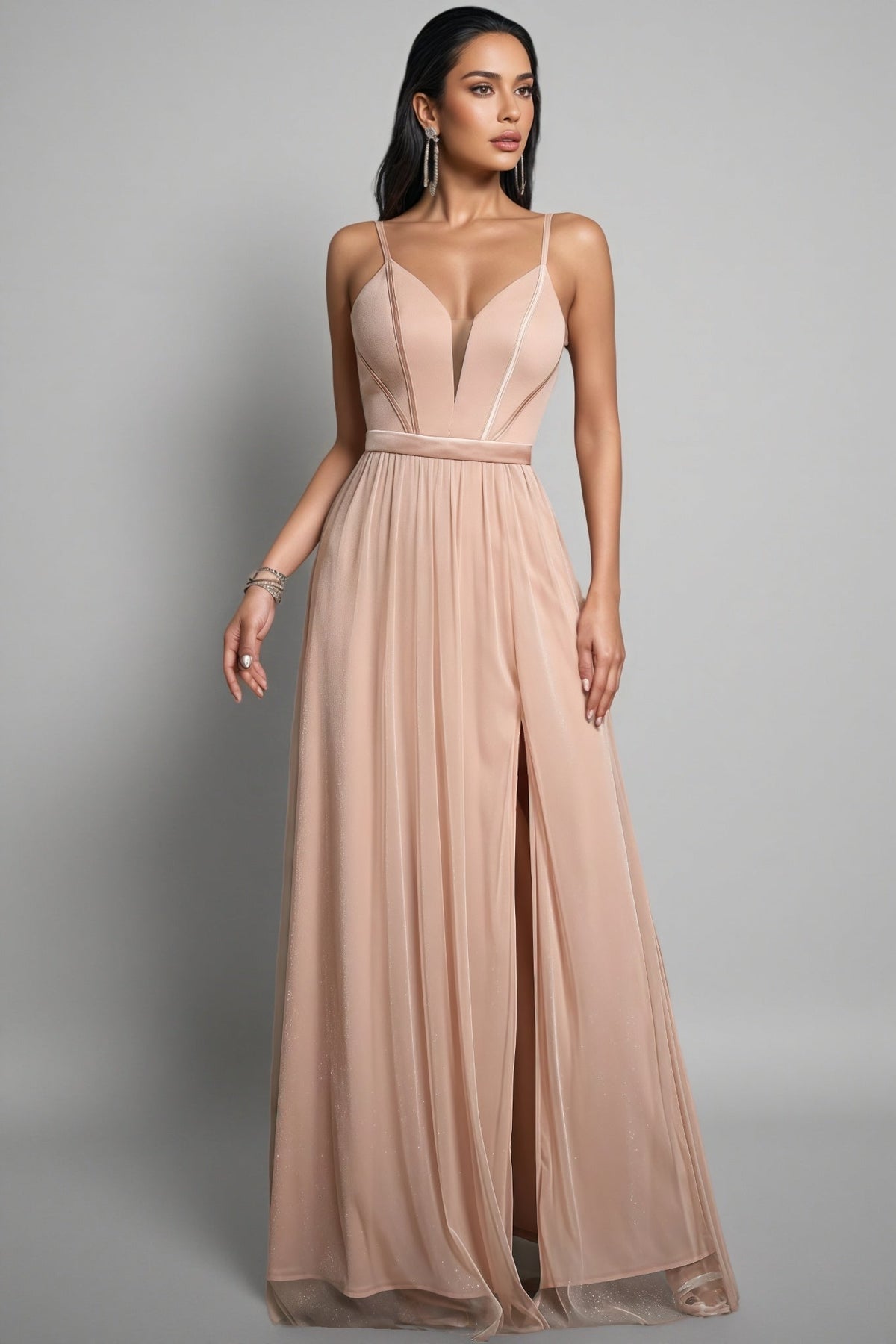 Spaghetti Strap V-Neck Mesh Overlay A-Line Maxi Dress 2