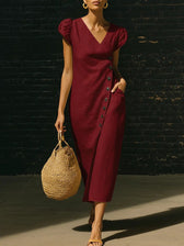 V-Neck Cap Sleeve Side Button Linen Midi Dress 6