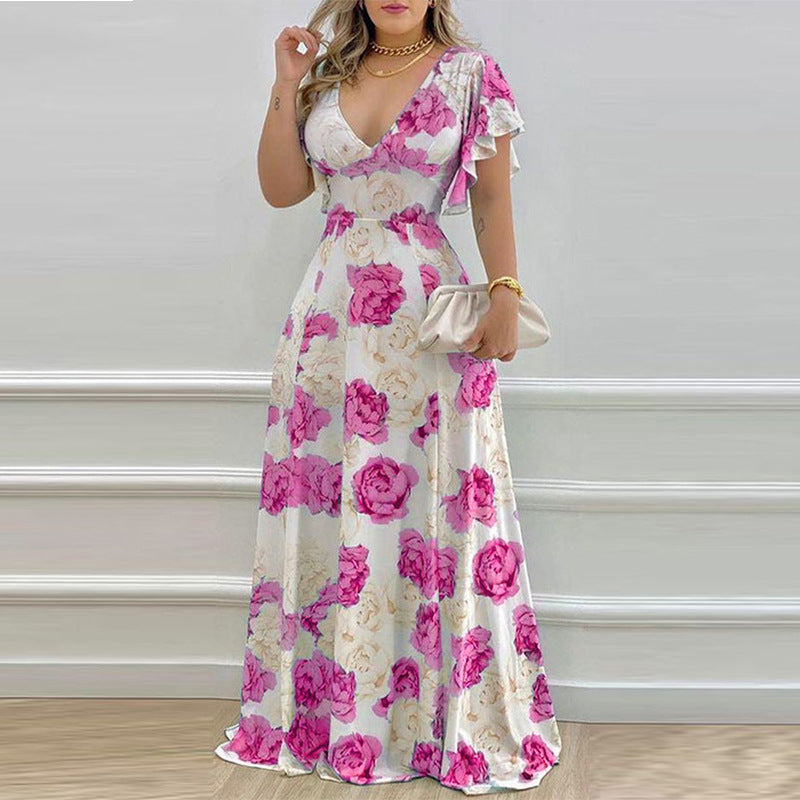Arrival Women Clothing Summer Office V neck Waist Trimming Printing Large Swing Dress