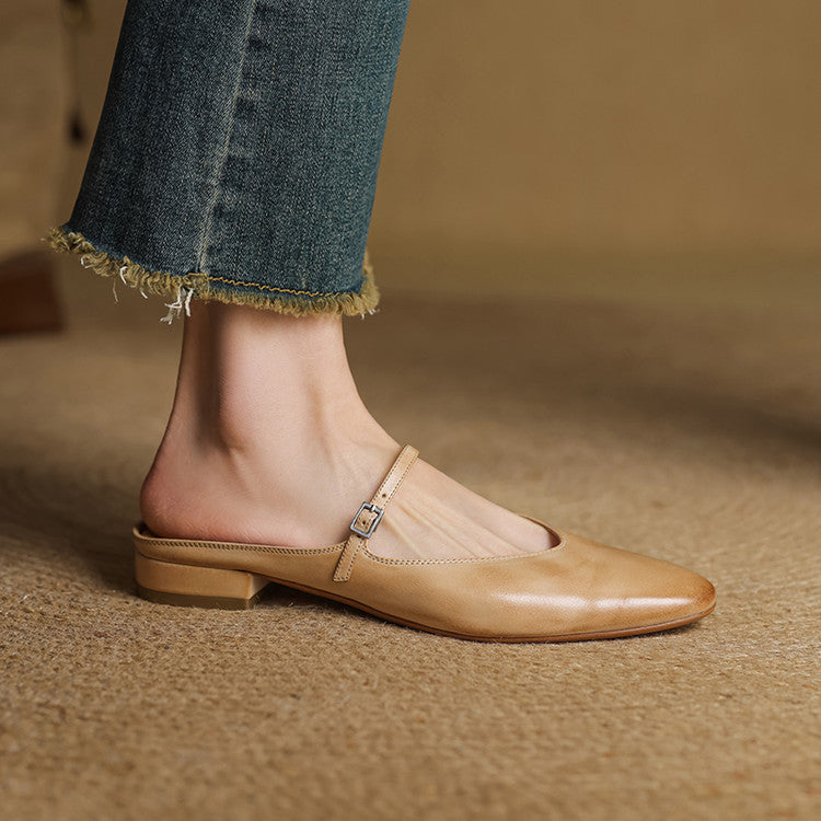 Round Toe Ankle Strap Low Block Heel Mary Jane Flats