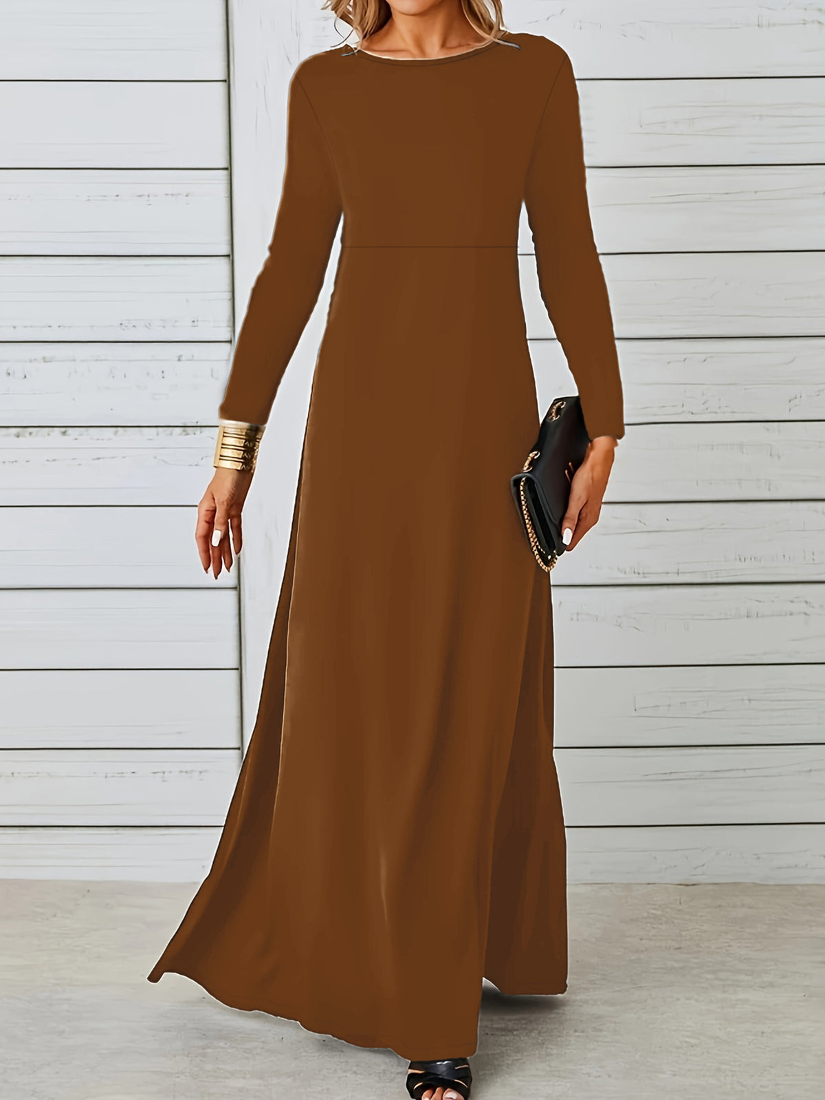 Round Neck Long Sleeve High Waist A-Line Maxi Dress 4