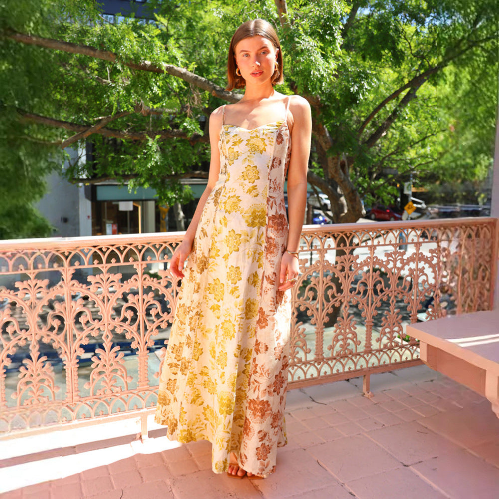 Casual Printing Backless Spaghetti Straps Large Swing Dress
