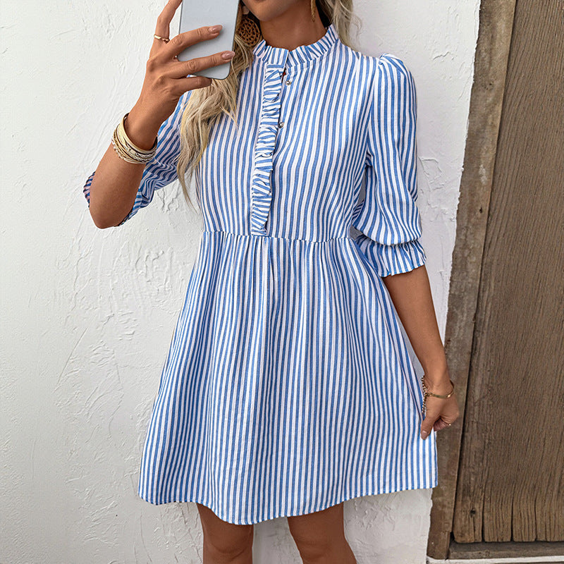 Striped Ruffle Placket Band Collar Half Sleeve Mini Shirt Dress 3