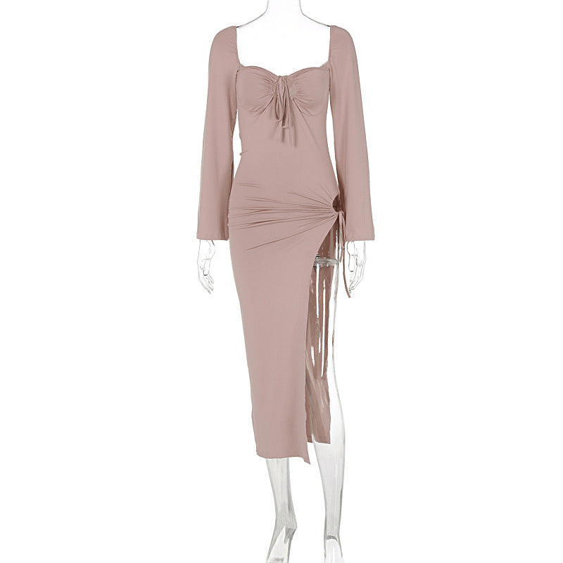 Long Sleeve Lace Up Slim Fit Backless Hollow Out Cutout Split Dress - View 6
