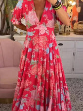 Floral V-Neck Short Sleeve Tiered Maxi Dress 4