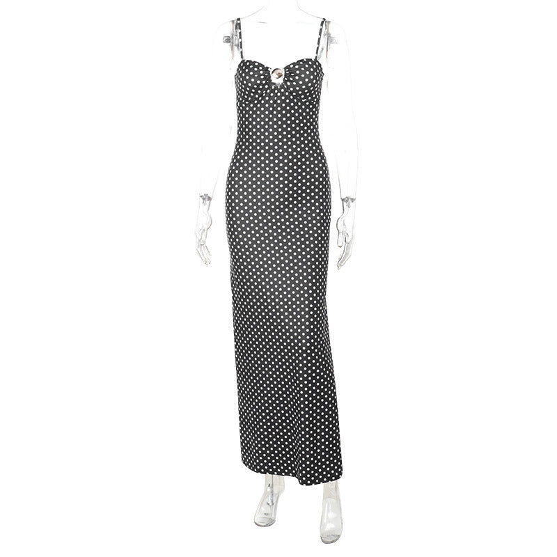 Polka Dot Spaghetti Strap Ring Front Bodycon Maxi Dress 5