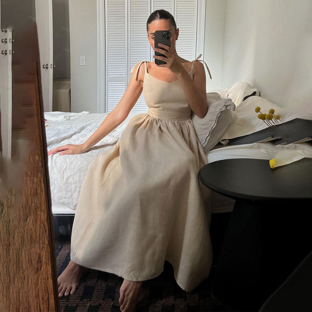 Linen Look Strapless Tie Detail Gathered Maxi Dress Summer 3
