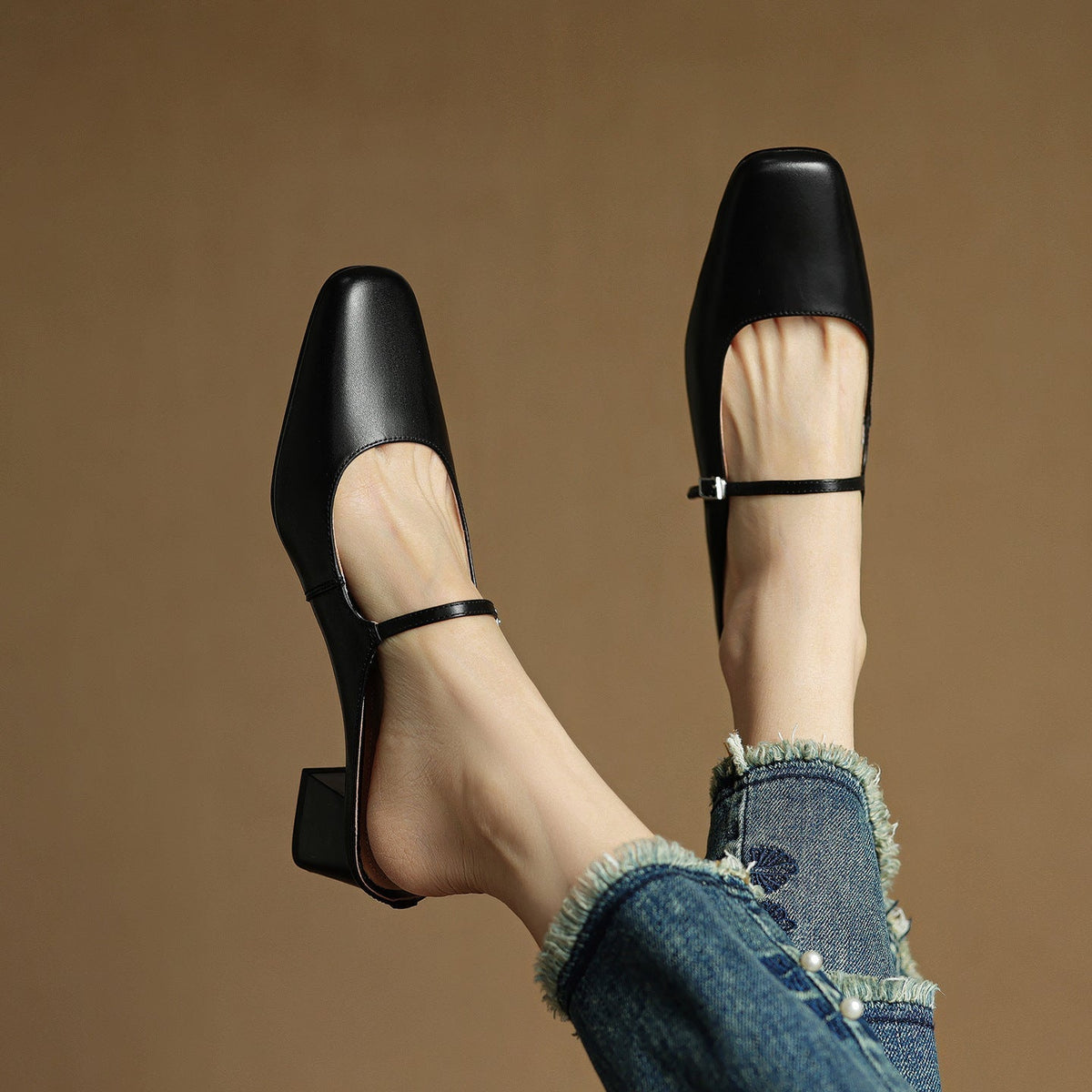Square Toe Mary Jane Buckle Strap Block Heel Mules