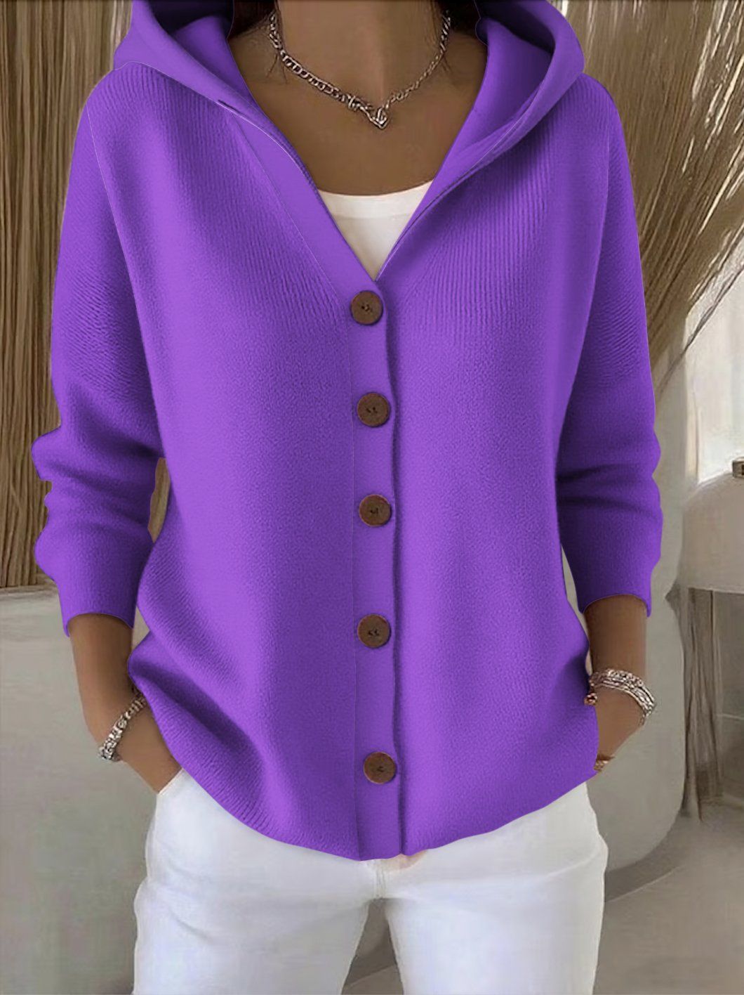Hooded Button Front Knit Cardigan