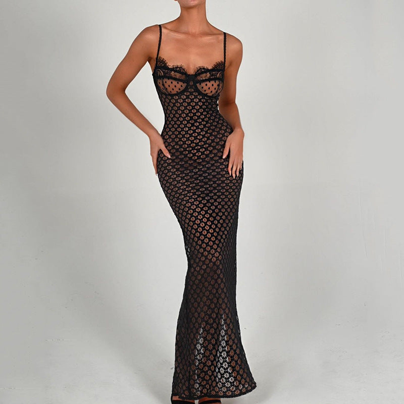 Sheer Lace Underwire Cup Spaghetti Strap Mermaid Maxi Dress