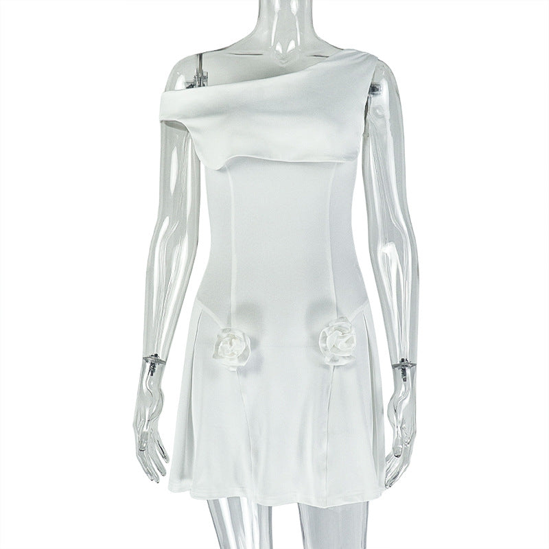 Off Shoulder Asymmetric Neck 3D Rose Applique A-Line Mini Dress 2