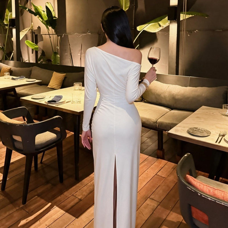 Women Clothing Solid Color Diagonal Collar Long Sleeve Slim Fit Slit Dress
