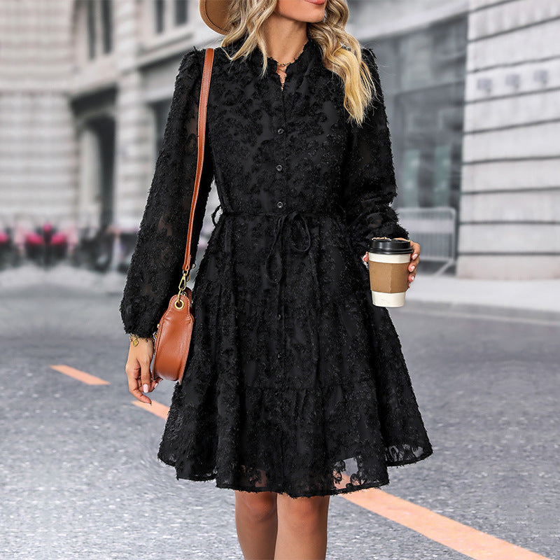 Textured Long Sleeve Button Front Tiered Mini Dress 6