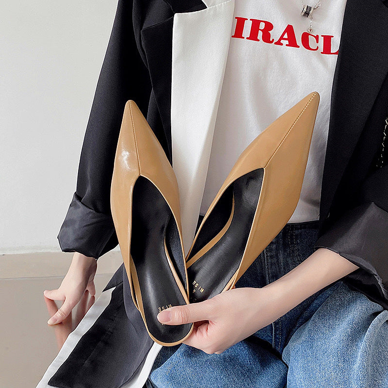 Pointed Toe V Cut Low Heel Mules