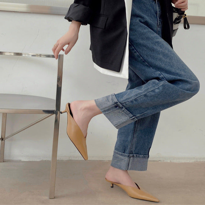 Pointed Toe V Cut Low Heel Mules
