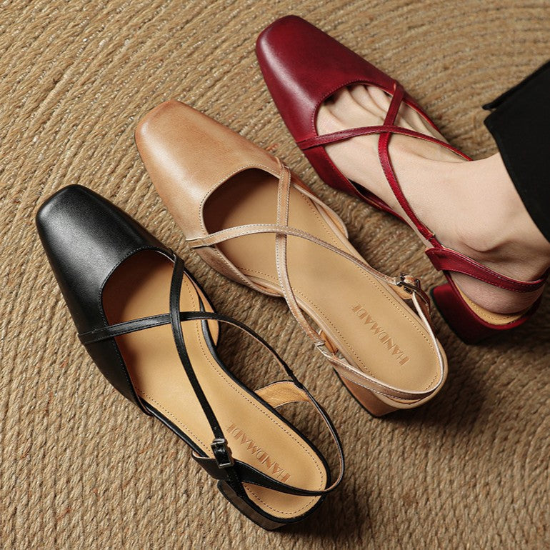 Square Toe Cross Strap Block Heel Slingback Pumps