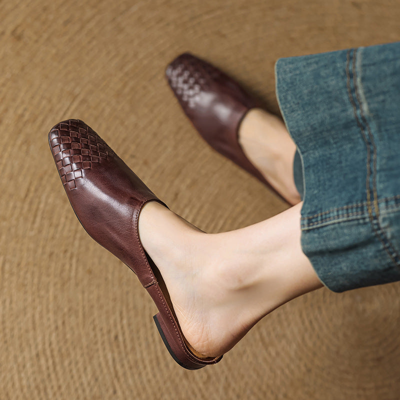 Square Toe Woven Detail Low Block Heel Mules