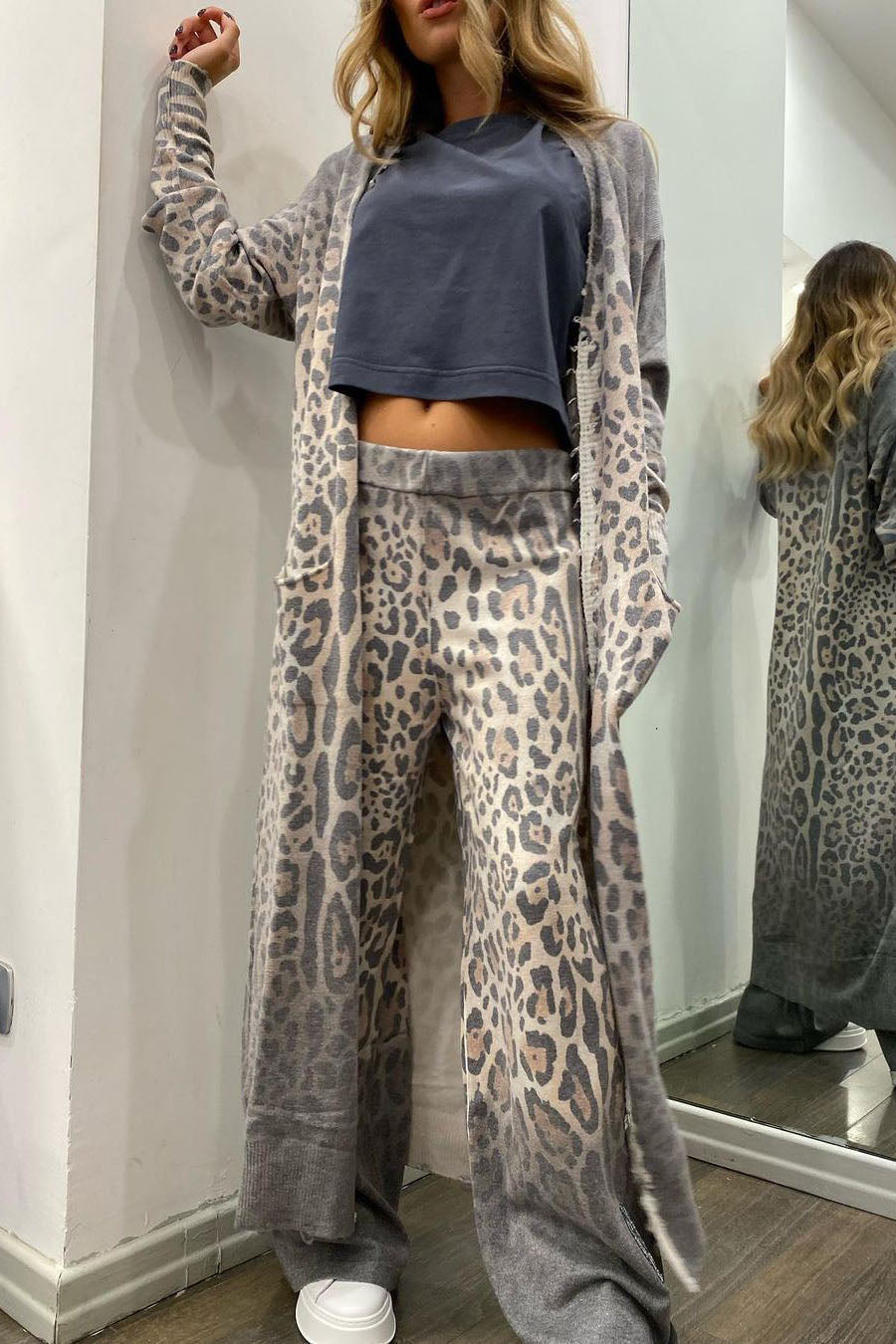 Leopard Print Long Sleeve Cardigan and Pants Set