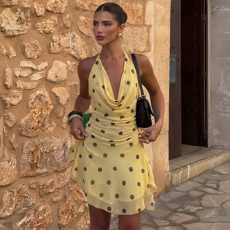 Polka Dot Chiffon Cowl Neck Halter Ruched Layered Hem Mini Dress