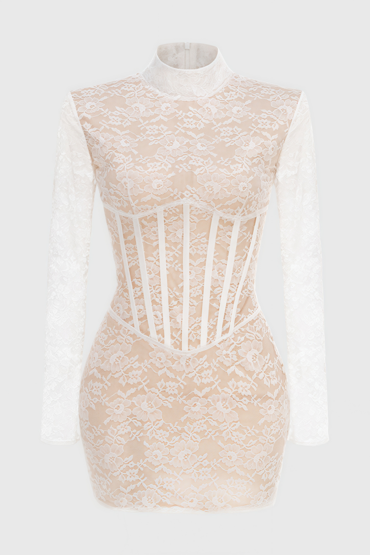 Mock Neck Long Sleeve Sheer Lace Corset Waist Bodycon Mini Dress 4