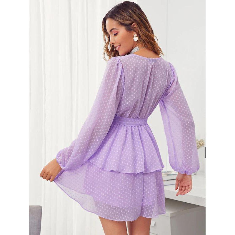 Swiss Dot Deep V-Neck Long Sleeve Belted Tiered Ruffle Mini Dress 2
