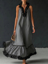 Sleeveless Ruffle Trim Tiered Linen Maxi Dress 9