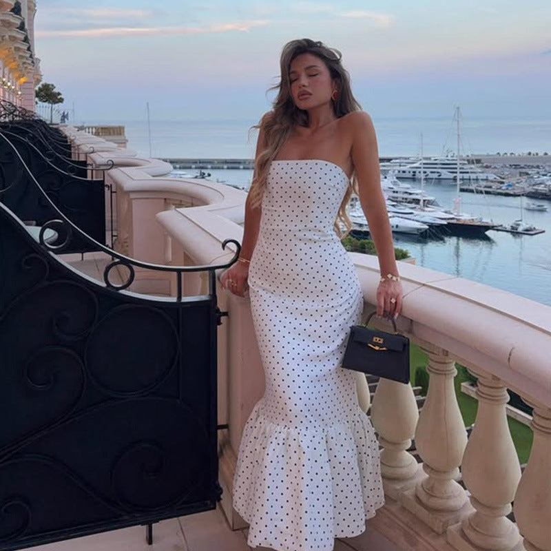 Polka Dot Strapless Bodycon Ruffle Hem Mermaid Maxi Dress