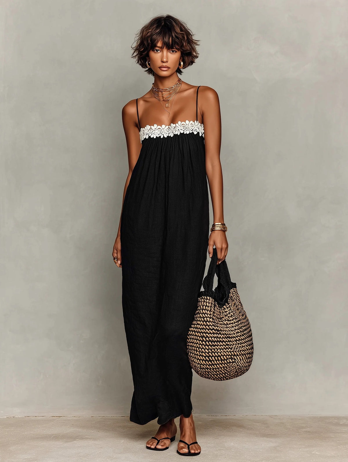 Lace Trim Spaghetti Strap Gathered Bust Straight Maxi Dress 5