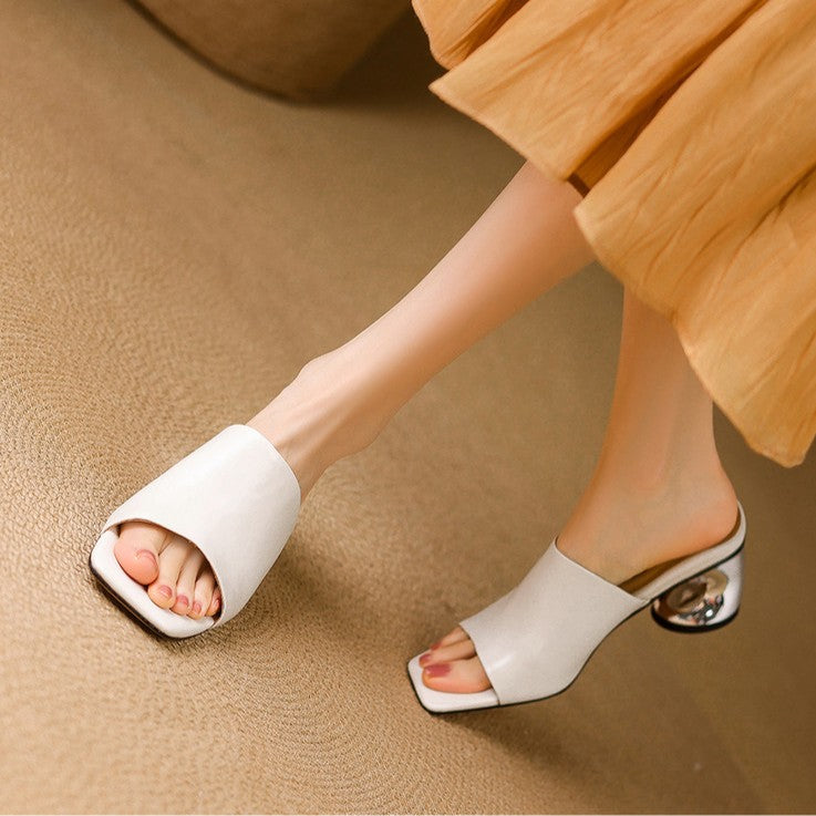 Square Open Toe Sculpted Heel Mules