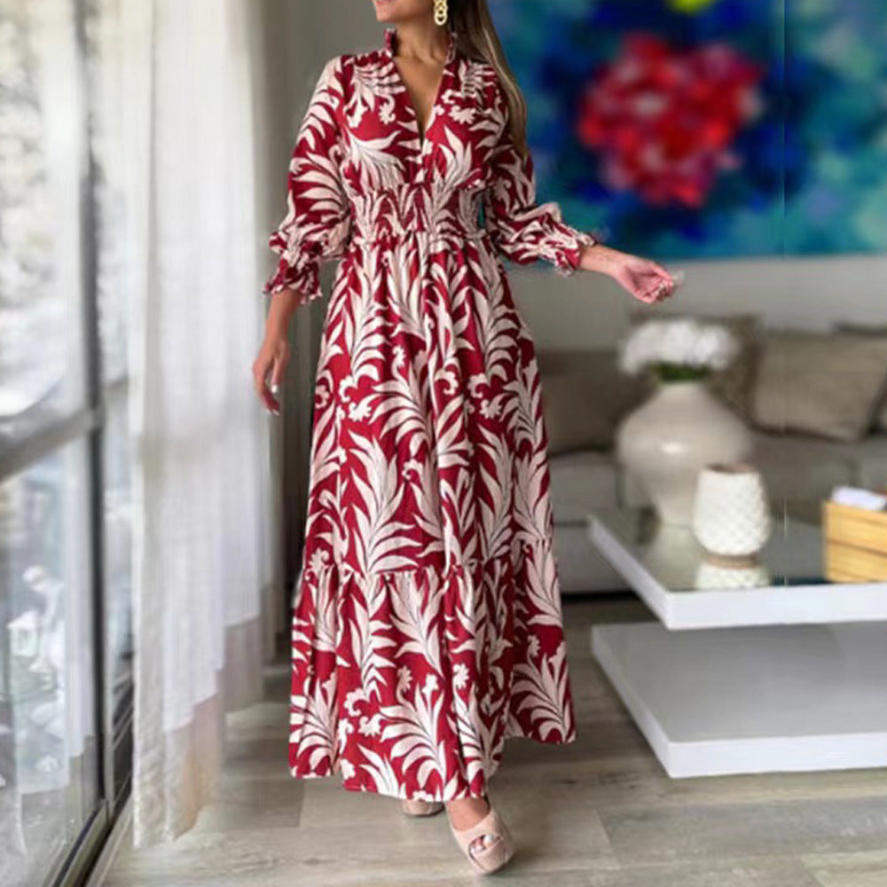Leaf Print V-Neck Puff Sleeve Smocked Waist Tiered Maxi Dress