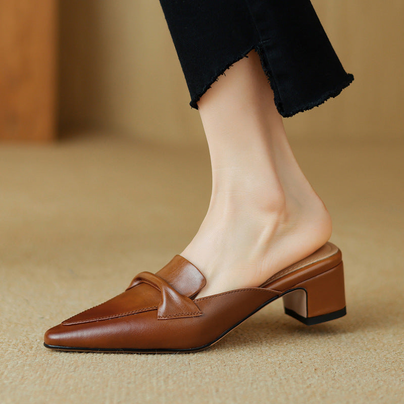 Pointed Toe Knot Detail Block Heel Loafer Mules
