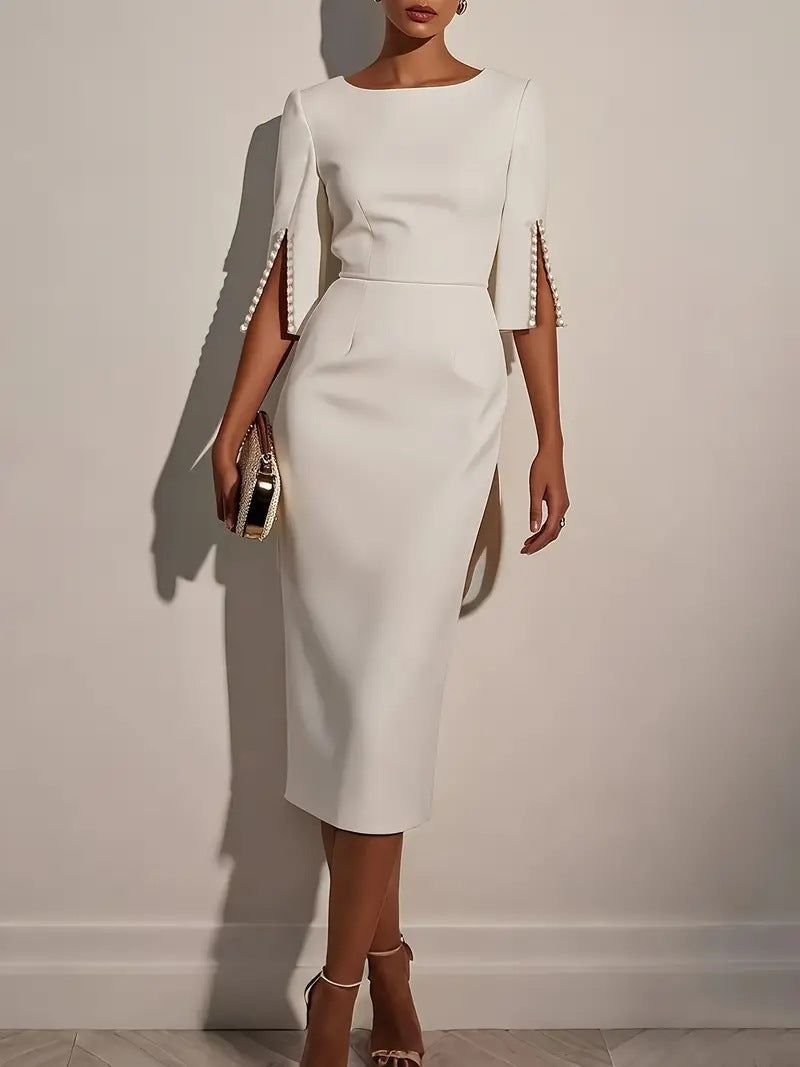 Boat Neck Split Sleeve Pearl Button Bodycon Midi Dress 6