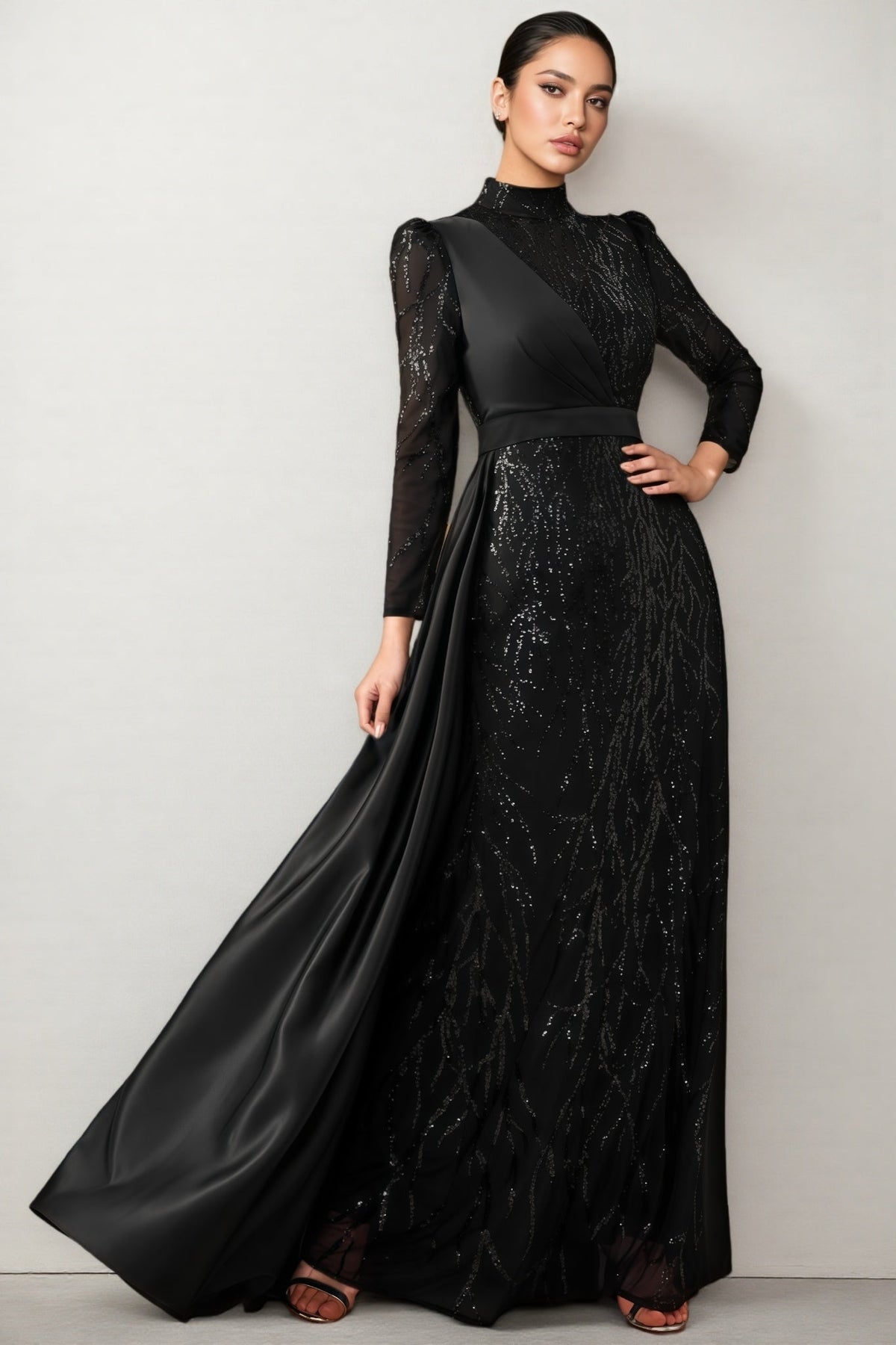Sequin Mock Neck Long Sleeve Satin Overskirt Maxi Gown 3