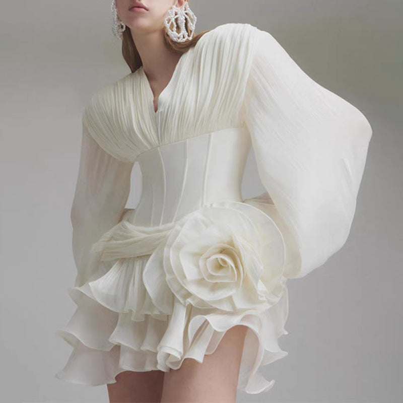 Chiffon Long Sleeve V-Neck Corset Tiered Mini Dress 6