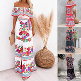 Off Shoulder Floral Ruffle Tiered Belted Maxi Dress 2