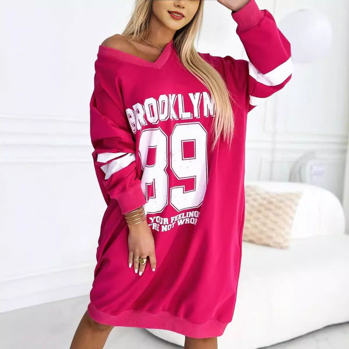 Oversized Varsity Letter Print Striped Sleeve Sweatshirt Dress 4