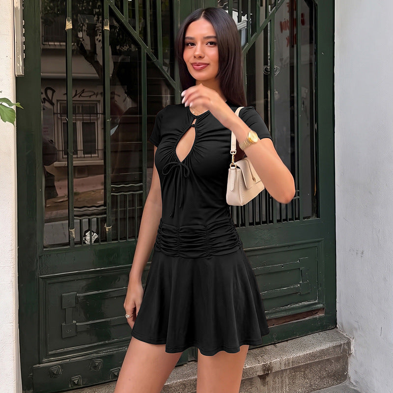Summer Women Solid Color Short Sleeve Sexy Chest Hollow Out Cutout out Tied Pleated Slim Dress for Women